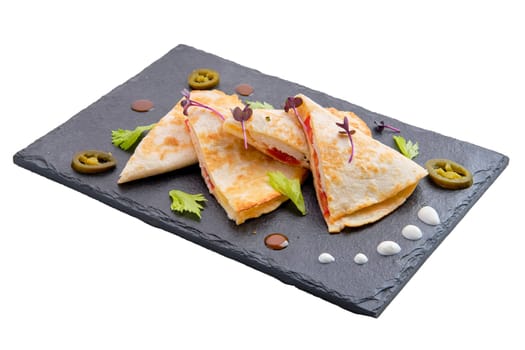 Spicy tortilla with chicken, cheese and tomato isolated on white background