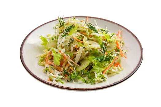 Salad with fresh cabbage, carrot and celery isolated on white background