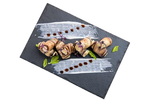 Eggplant stuffed with soft cheese and garlic isolated on white background