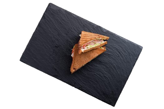 Club sandwich with roast beef, cheddar, cabbage and barbecue sauce isolated on white background