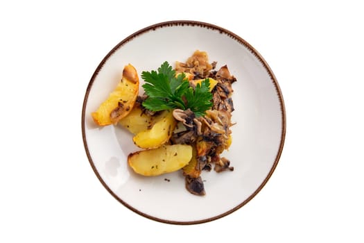 Fried potato with mushrooms and onion isolated on white background