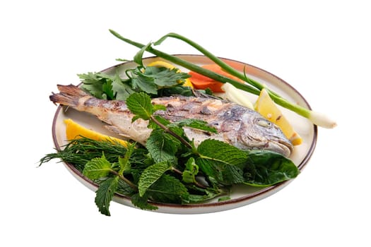 Fried dorada on plate isolated on white background