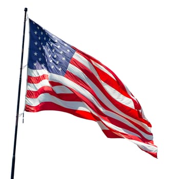 American Flag Waving In The Wind Isolated on White.