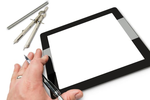 Male Hand Holding Mechanical Pencil on Blank Empty Computer Tablet.