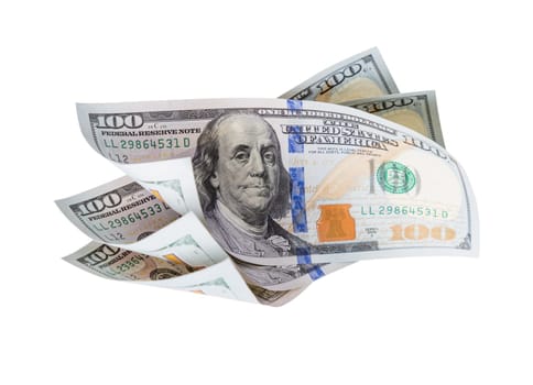 Three One Hundred Dollar Bills Floating or Falling Together on White Background.