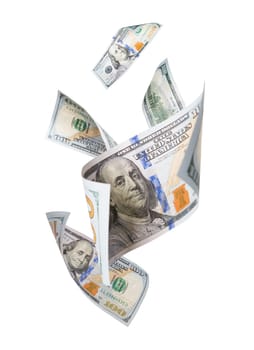 Falling or Floating One Hundred Dollar Bills on White Background.