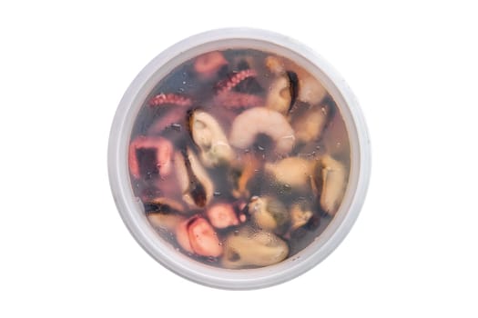 Top view of marinated octopus, shrimps and mussels isolated on white background