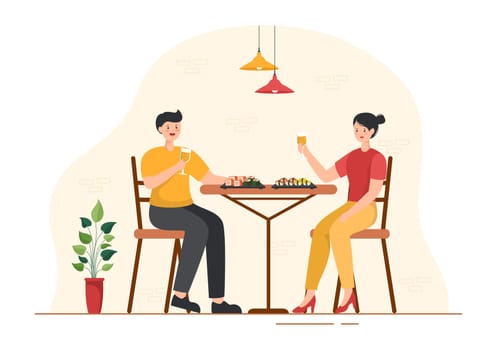 Sushi Bar Japan Asian Food or Restaurant of Sashimi and Rolls for Eating with Soy Sauce and Wasabi in Template Hand Drawn Cartoon Flat Illustration