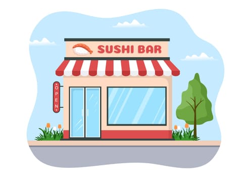 Sushi Bar Japan Asian Food or Restaurant of Sashimi and Rolls for Eating with Soy Sauce and Wasabi in Template Hand Drawn Cartoon Flat Illustration