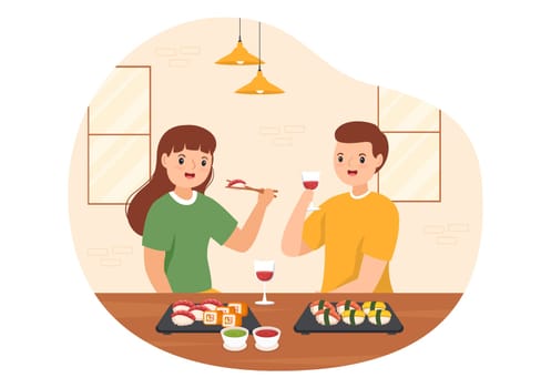 Sushi Bar Japan Asian Food or Restaurant of Sashimi and Rolls for Eating with Soy Sauce and Wasabi in Template Hand Drawn Cartoon Flat Illustration