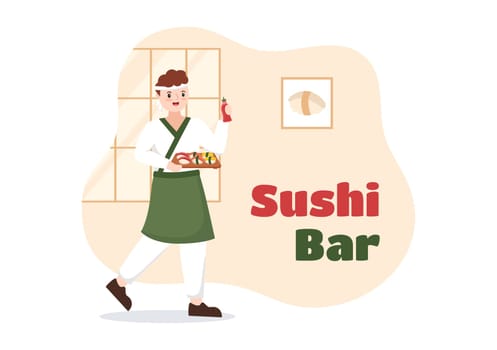 Sushi Bar Japan Asian Food or Restaurant of Sashimi and Rolls for Eating with Soy Sauce and Wasabi in Template Hand Drawn Cartoon Flat Illustration