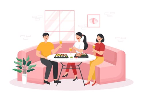 Sushi Bar Japan Asian Food or Restaurant of Sashimi and Rolls for Eating with Soy Sauce and Wasabi in Template Hand Drawn Cartoon Flat Illustration