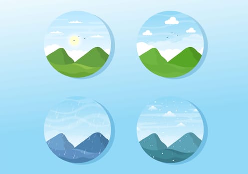 Types of Weather Conditions with Sunny, Cloudy, Windy, Rainy, Snow and Stormy in Template Hand Drawn Cartoon Flat Illustration