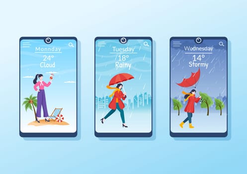 Types of Weather Conditions with Sunny, Cloudy, Windy, Rainy, Snow and Stormy in Template Hand Drawn Cartoon Flat Illustration