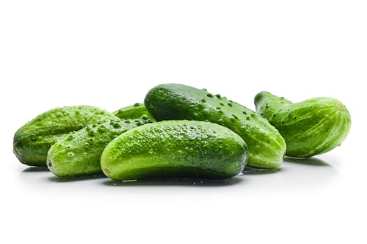 Fresh wet cucumbers isolated on white background