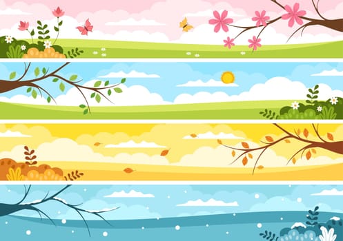 Scenery of the Four Seasons of Nature with Landscape Spring, Summer, Autumn and Winter in Template Hand Drawn Cartoon Flat Style Illustration
