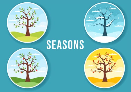 Scenery of the Four Seasons of Nature with Landscape Spring, Summer, Autumn and Winter in Template Hand Drawn Cartoon Flat Style Illustration