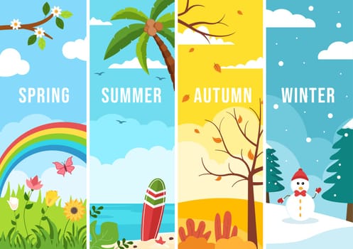 Scenery of the Four Seasons of Nature with Landscape Spring, Summer, Autumn and Winter in Template Hand Drawn Cartoon Flat Style Illustration