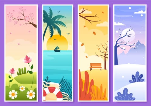 Scenery of the Four Seasons of Nature with Landscape Spring, Summer, Autumn and Winter in Template Hand Drawn Cartoon Flat Style Illustration