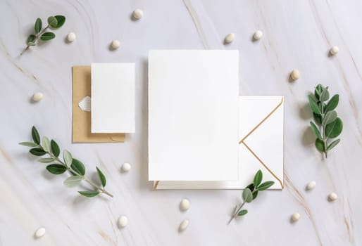 Cards and envelope on a marble table near eucalyptus branches and pebbles top view, Mockup. Romantic flat lay with wedding stationery set. Minimal composition. Close to nature