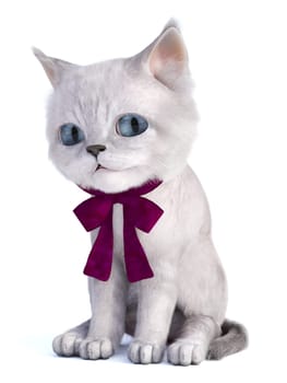 3D rendering of a cute kitten with big blue eyes and a purple bow. White background.
