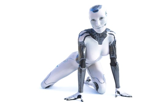 3D rendering of robotic woman kneeling on all fours. White background.