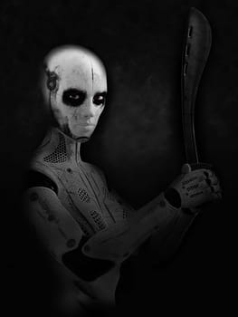 3D rendering of a robot woman hero or villain holding a machete in her hands, looking evil with her red eyes.