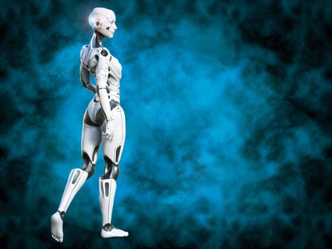 3D rendering of an android robot woman posing with her back against the camera. Blue space and stars background.