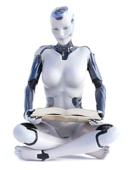 3D rendering of robotic woman sitting cross legged on the floor and reading a book. White background.