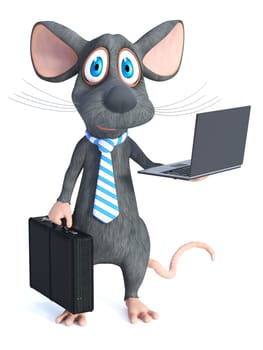 3D rendering of a cute cartoon mouse wearing a tie and holding briefcase and a laptop looking like a businessman or lawyer. White background.