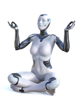 3D rendering of robotic woman sitting cross legged on the floor in lotus pose holding her arms up doing gyan mudra with fingers and meditating. White background.