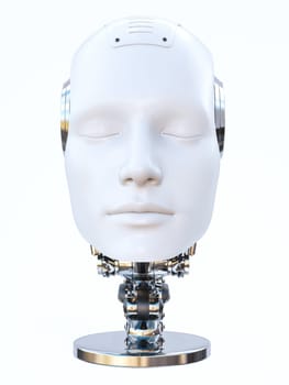 3D rendering of a severed android robot man head with eyes closed on a stand or podium. White background. Futuristic ai concept.