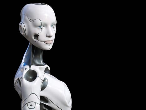 3D rendering of an android robot woman looking at you. Black background with copy space.