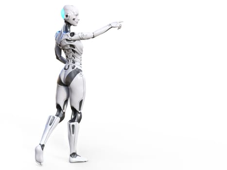 3D rendering of an android robot woman posing with her back against the camera and holding her arm out and pointing. White background with copy space.