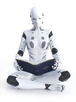 3D rendering of robotic woman sitting cross legged on the floor and reading a book. White background.