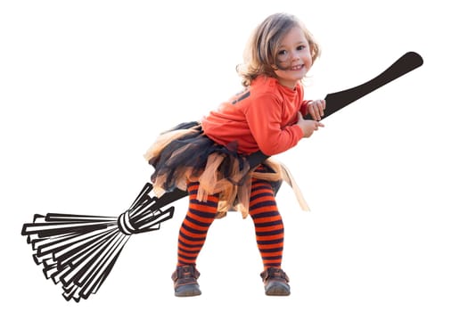 Cute little smiling girl 2-3 in orange and black Halloween witch costume sits on painted broom isolated on white background. Children holiday