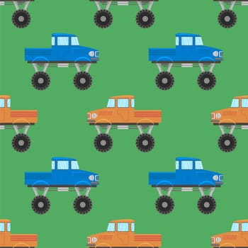 Blue Red Monster Truck Icon Isolated on Green Background.