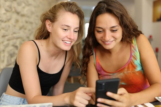 Two happy friends checking phone together in a restaurant