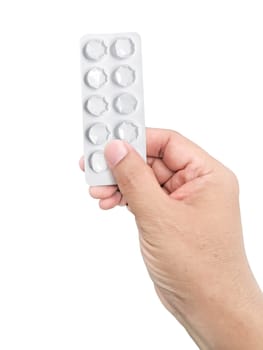 Hand holding medical drugs Package Used pills. pharmacy and medicine concept