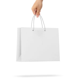 Hand holds a paper bag on a white background