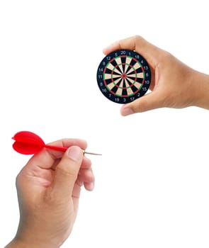 Human hand throwing darts, Male hand target holding a dart board. Idea concept business