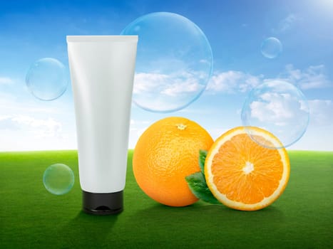 Natural vitamin c skincare products fresh juicy orange fruit slice and green leaf. Cosmetic beauty product branding mock up