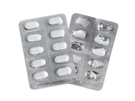 Package of pills and Used pills. Pharmacy and medicine concept