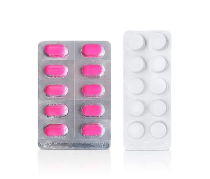Package of pink pills. Pharmacy and medicine concept