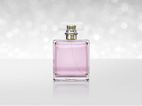 Perfume bottle on white shining bokeh background. concept for choosing best. 3d render