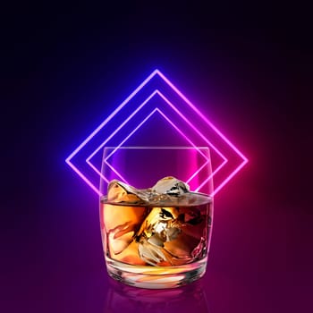 Whiskey with ice in a glass on background glowing lines, tunnel, neon lights. 3d render