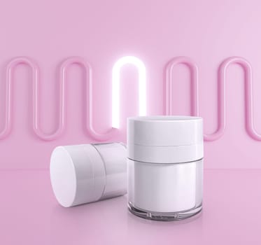 Realistic cream jar with on pastel pink background light bulb. Advertising poster for the promotion of cosmetic skin care premium product. 3d render