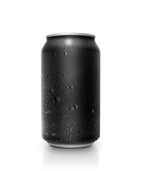 Black aluminum cans with water droplets on a white Background