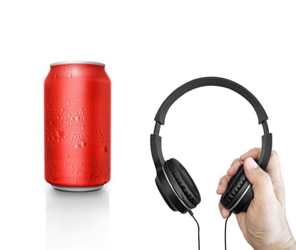 Hand with modern headphones and can on white background. concept music festival