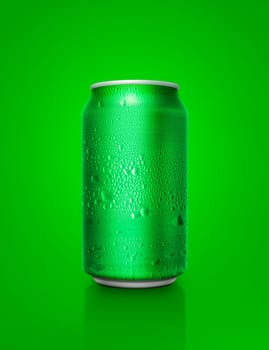 Green aluminum cans with water droplets on a green Background